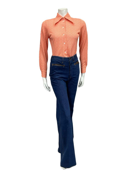 VTG 60S 70S ORANGE WHITE MOD GEOMETRIC DAGGER COLLAR GRID TILE SHIRT 8