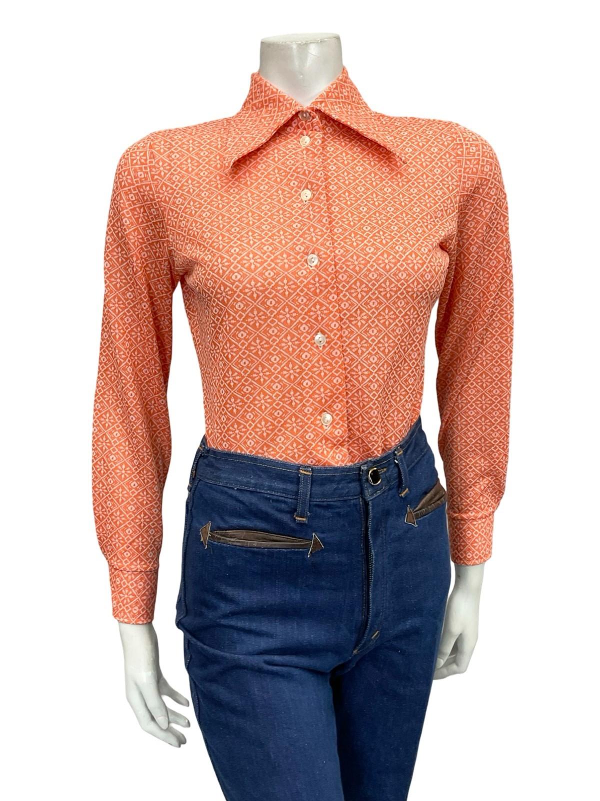 VTG 60S 70S ORANGE WHITE MOD GEOMETRIC DAGGER COLLAR GRID TILE SHIRT 8