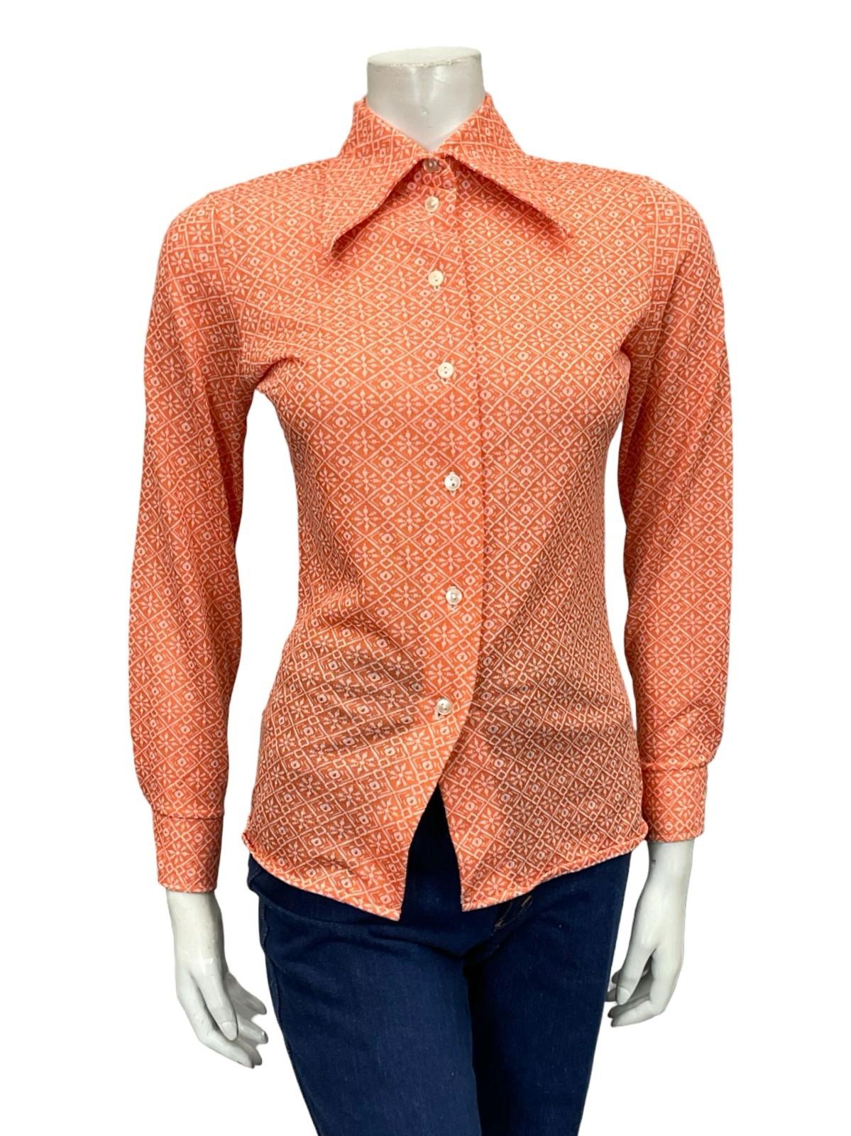 VTG 60S 70S ORANGE WHITE MOD GEOMETRIC DAGGER COLLAR GRID TILE SHIRT 8