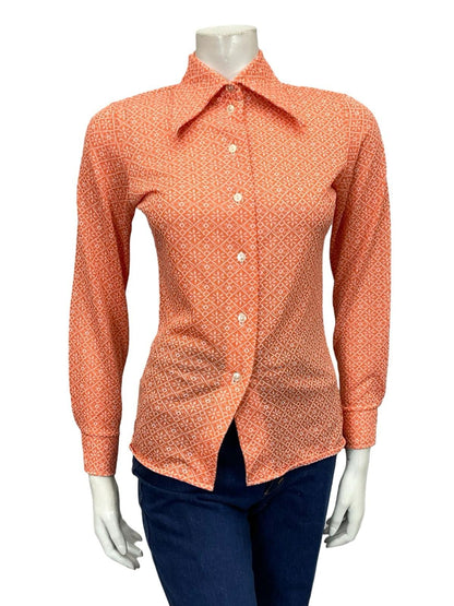 VTG 60S 70S ORANGE WHITE MOD GEOMETRIC DAGGER COLLAR GRID TILE SHIRT 8