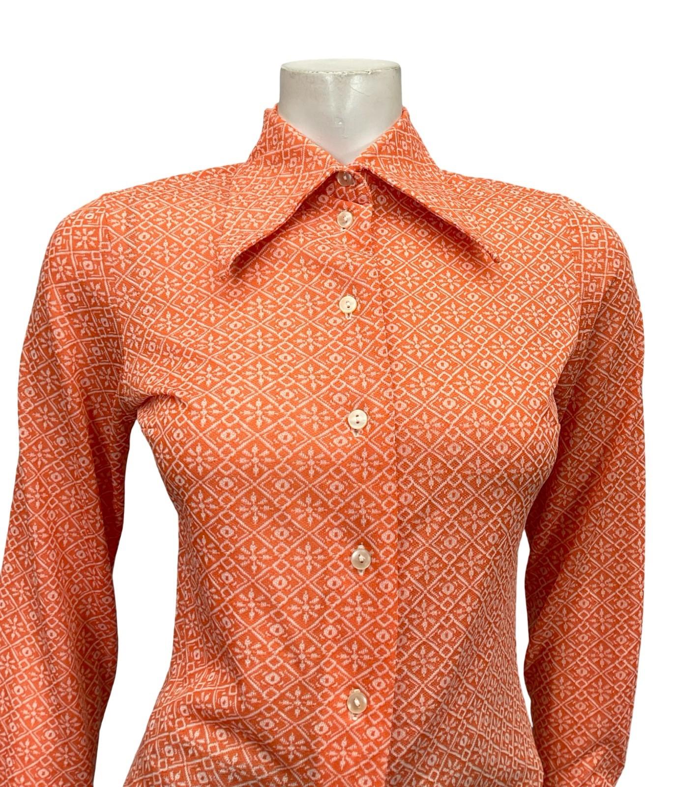VTG 60S 70S ORANGE WHITE MOD GEOMETRIC DAGGER COLLAR GRID TILE SHIRT 8