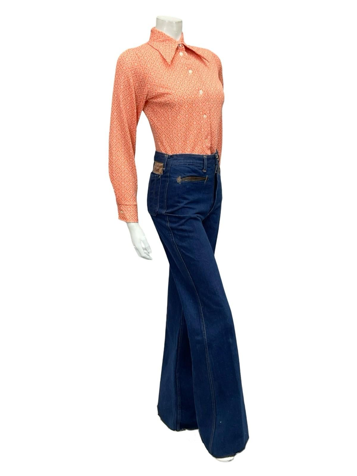 VTG 60S 70S ORANGE WHITE MOD GEOMETRIC DAGGER COLLAR GRID TILE SHIRT 8