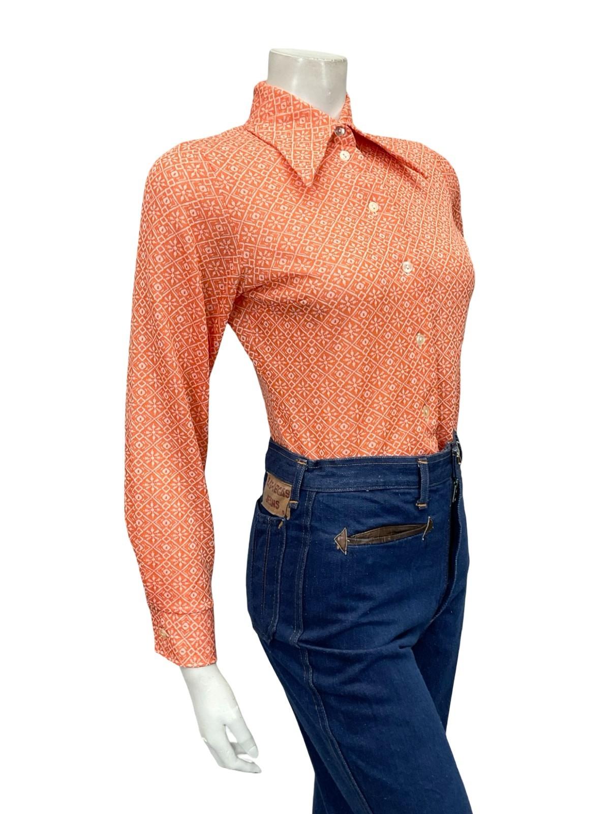 VTG 60S 70S ORANGE WHITE MOD GEOMETRIC DAGGER COLLAR GRID TILE SHIRT 8