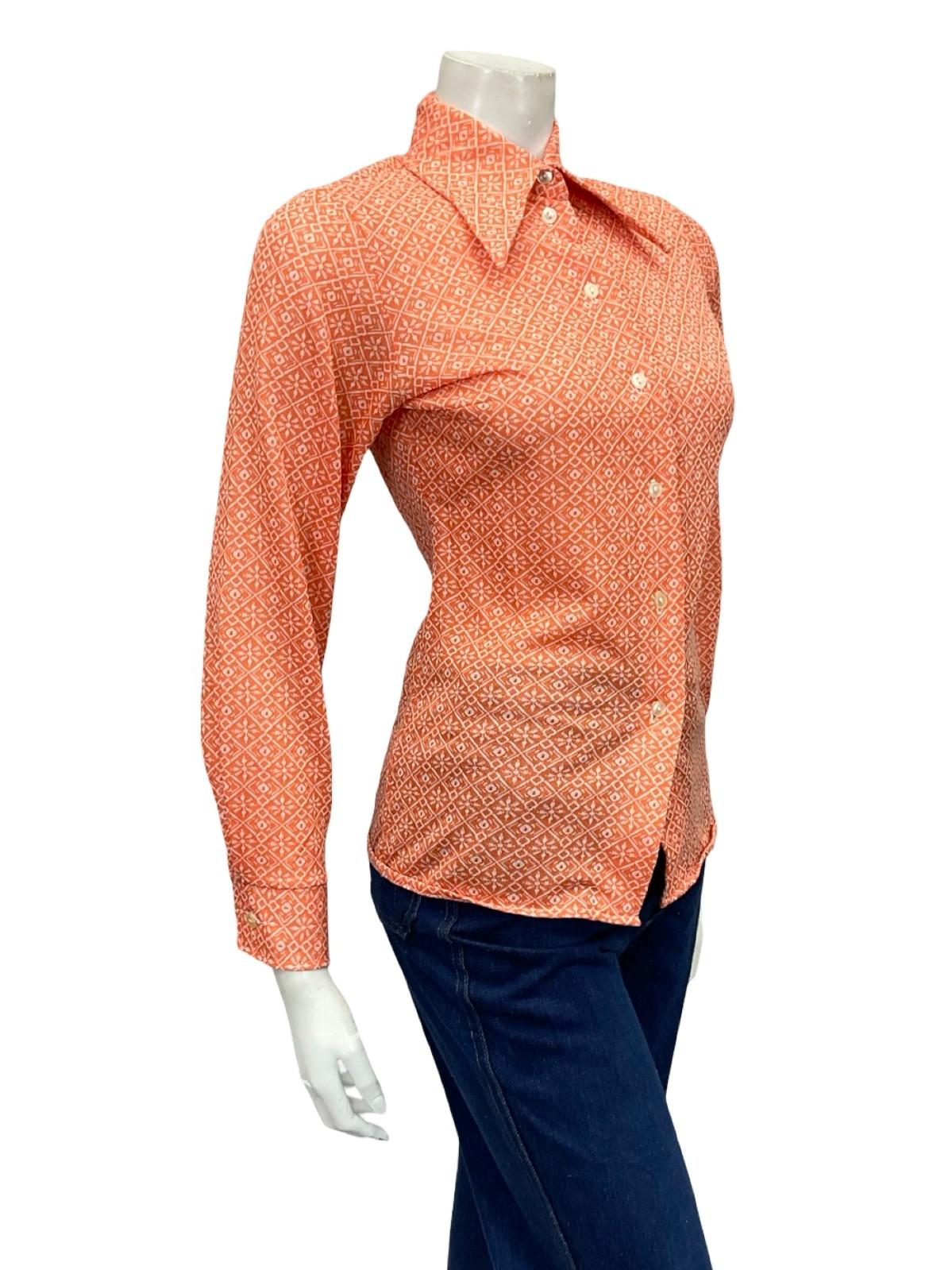 VTG 60S 70S ORANGE WHITE MOD GEOMETRIC DAGGER COLLAR GRID TILE SHIRT 8