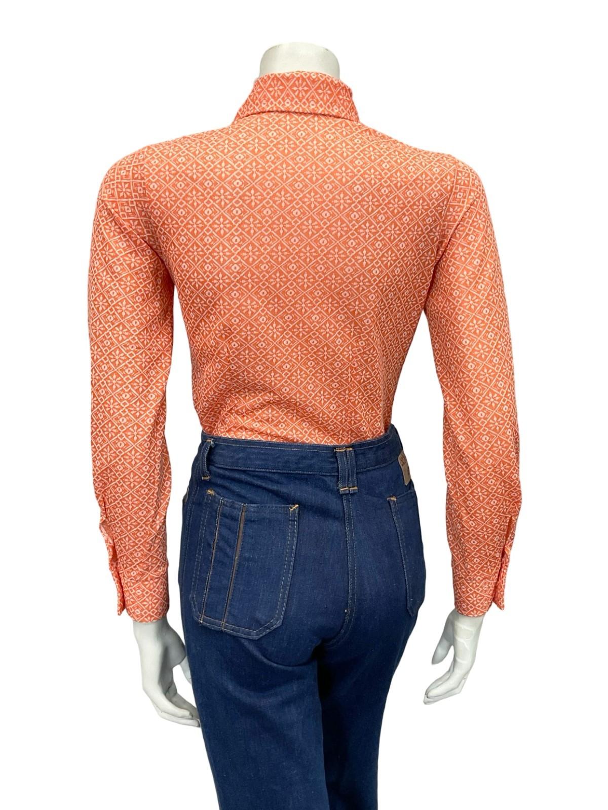 VTG 60S 70S ORANGE WHITE MOD GEOMETRIC DAGGER COLLAR GRID TILE SHIRT 8