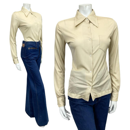 VINTAGE 60S 70S BEIGE DAGGER COLLAR MONOCHROME MOD SHIRT 10