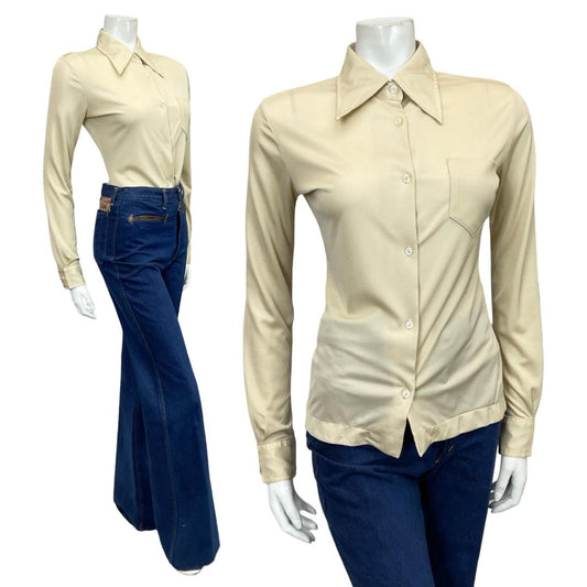 VINTAGE 60S 70S BEIGE DAGGER COLLAR MONOCHROME MOD SHIRT 10