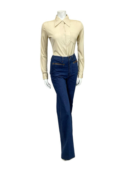 VINTAGE 60S 70S BEIGE DAGGER COLLAR MONOCHROME MOD SHIRT 10