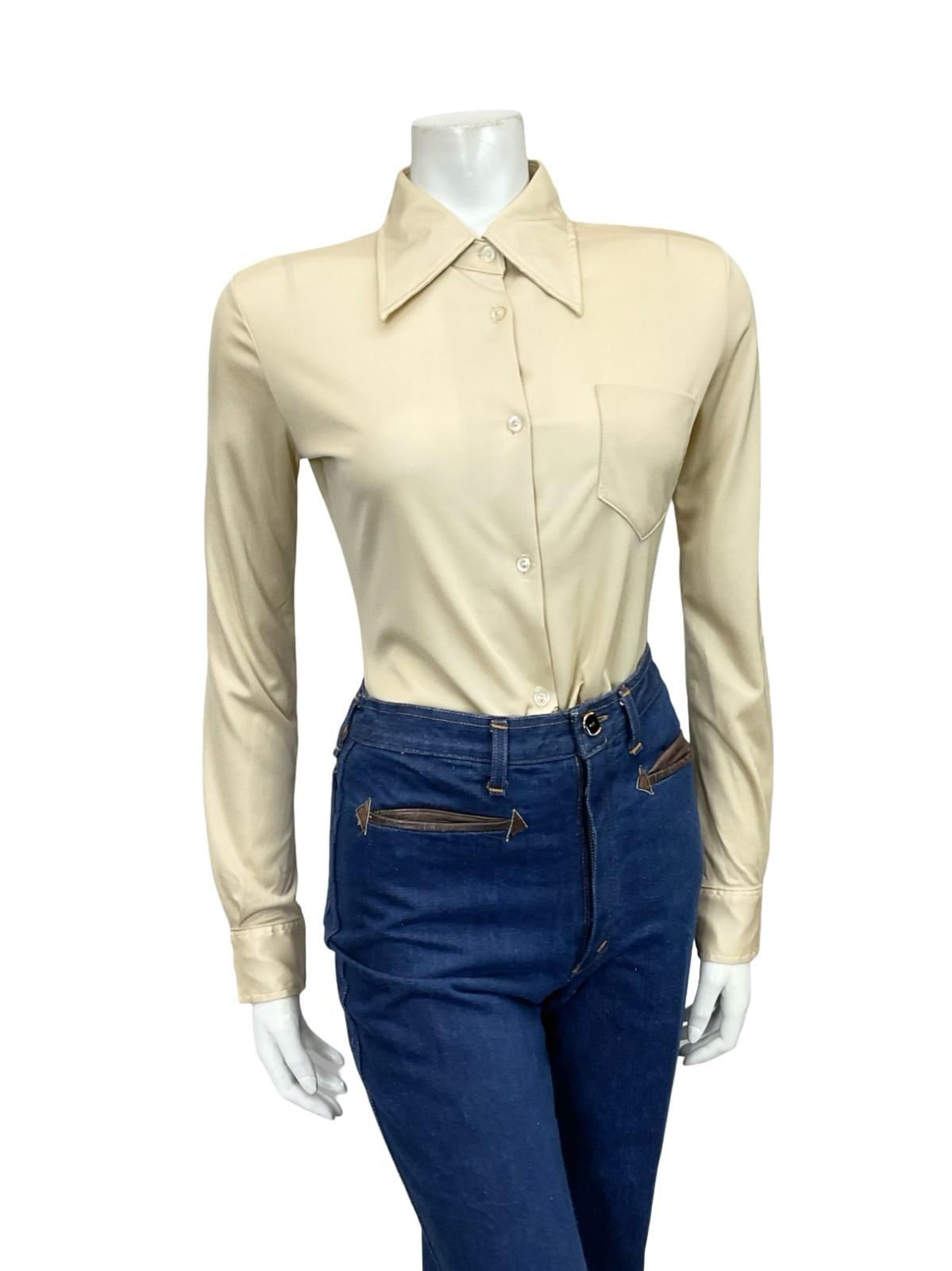 VINTAGE 60S 70S BEIGE DAGGER COLLAR MONOCHROME MOD SHIRT 10