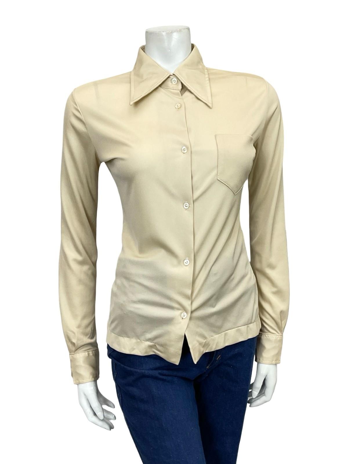 VINTAGE 60S 70S BEIGE DAGGER COLLAR MONOCHROME MOD SHIRT 10