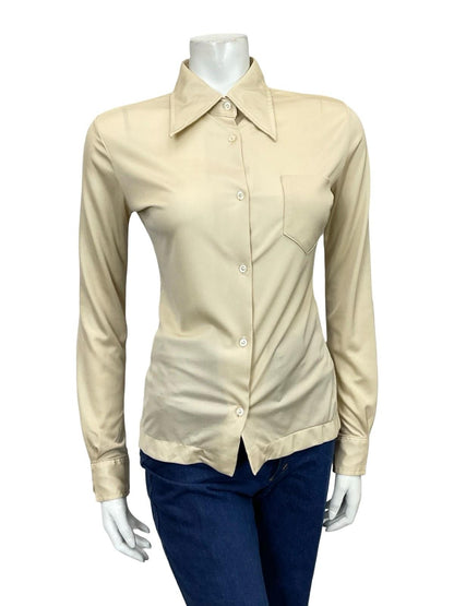 VINTAGE 60S 70S BEIGE DAGGER COLLAR MONOCHROME MOD SHIRT 10