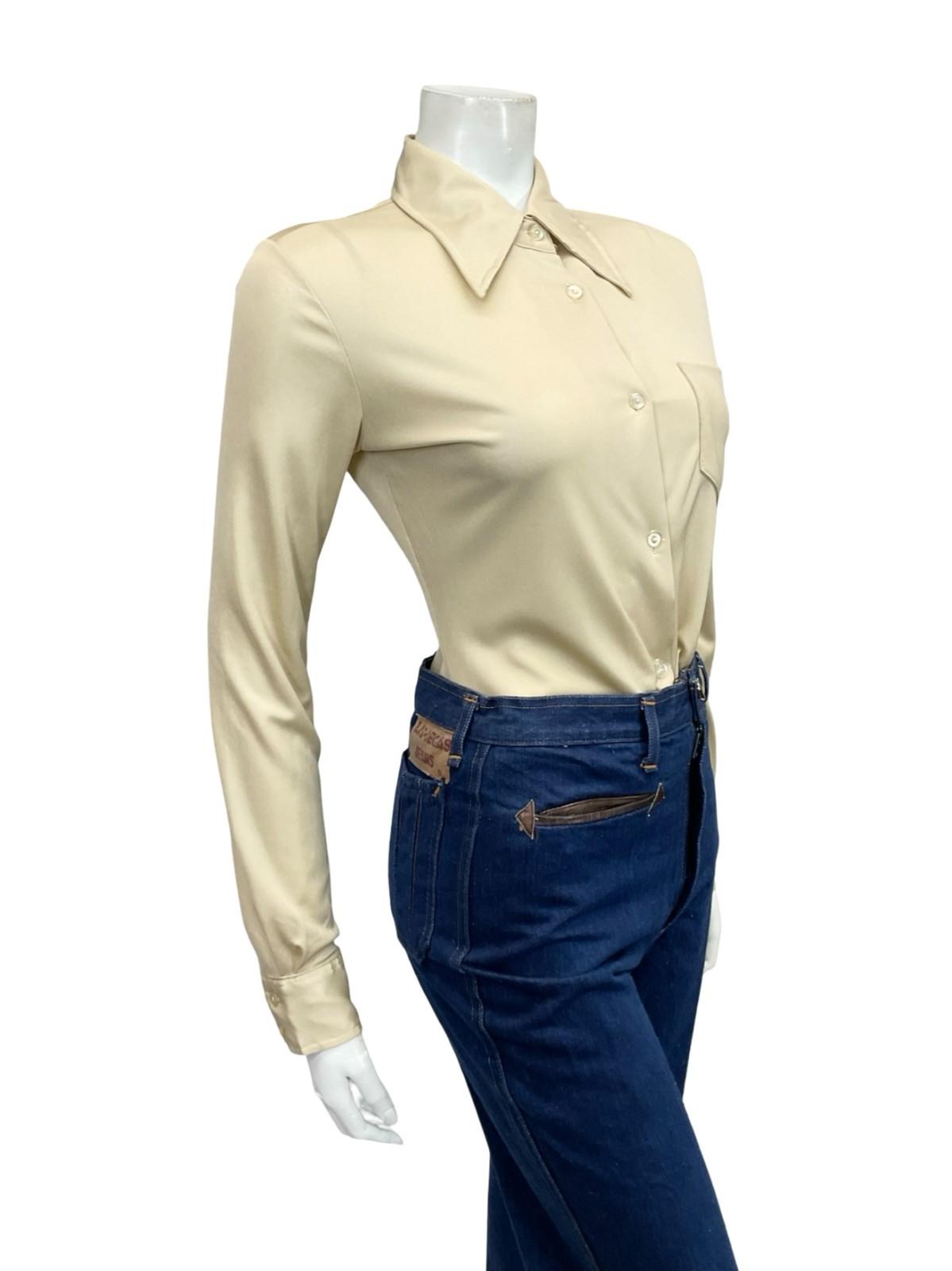 VINTAGE 60S 70S BEIGE DAGGER COLLAR MONOCHROME MOD SHIRT 10