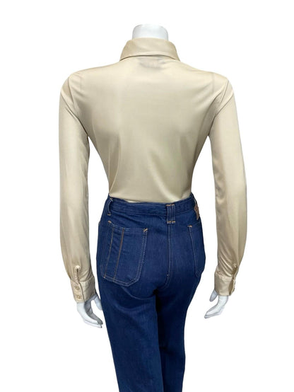 VINTAGE 60S 70S BEIGE DAGGER COLLAR MONOCHROME MOD SHIRT 10