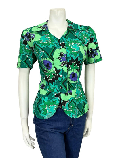 VTG 60S 70S GREEN PURPLE WHITE FLORAL GEOMETRIC PEPLUM SHORT SLEEVED SHIRT 14