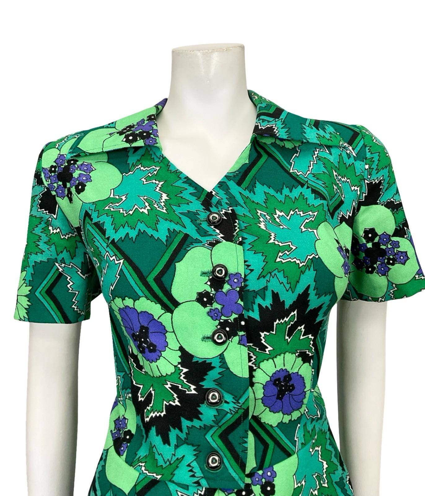 VTG 60S 70S GREEN PURPLE WHITE FLORAL GEOMETRIC PEPLUM SHORT SLEEVED SHIRT 14