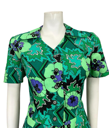 VTG 60S 70S GREEN PURPLE WHITE FLORAL GEOMETRIC PEPLUM SHORT SLEEVED SHIRT 14