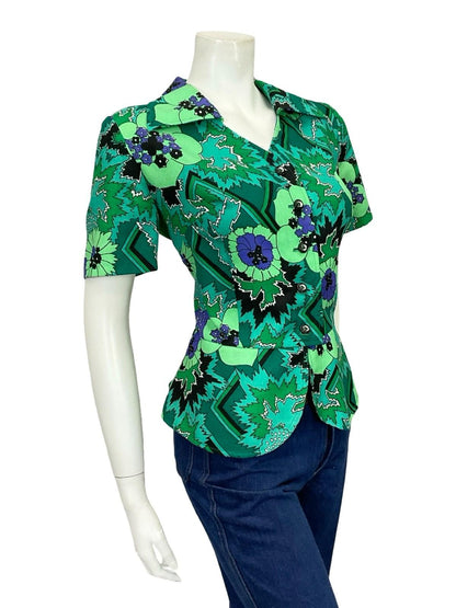 VTG 60S 70S GREEN PURPLE WHITE FLORAL GEOMETRIC PEPLUM SHORT SLEEVED SHIRT 14