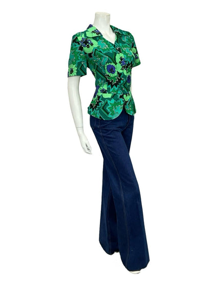 VTG 60S 70S GREEN PURPLE WHITE FLORAL GEOMETRIC PEPLUM SHORT SLEEVED SHIRT 14