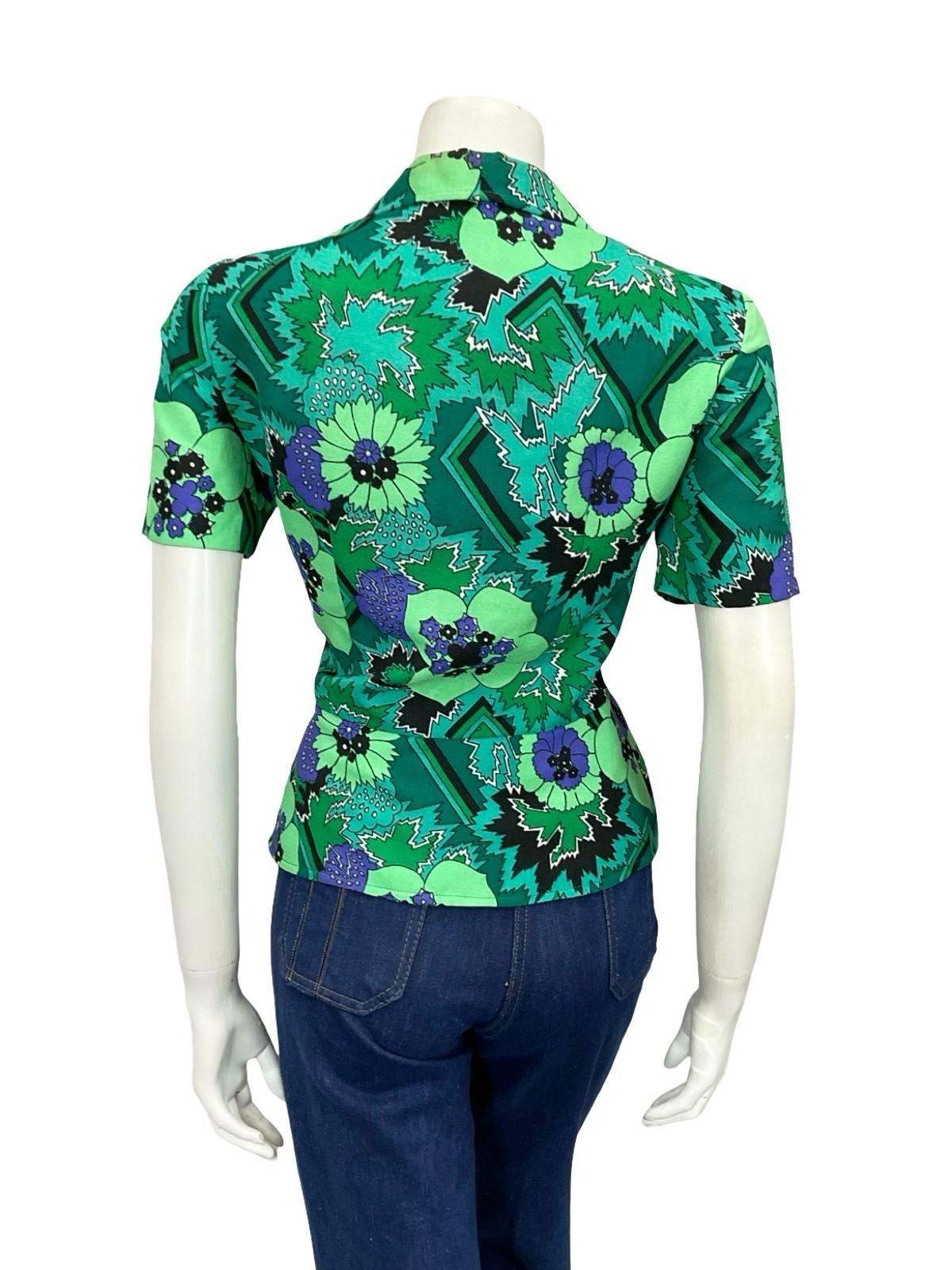 VTG 60S 70S GREEN PURPLE WHITE FLORAL GEOMETRIC PEPLUM SHORT SLEEVED SHIRT 14
