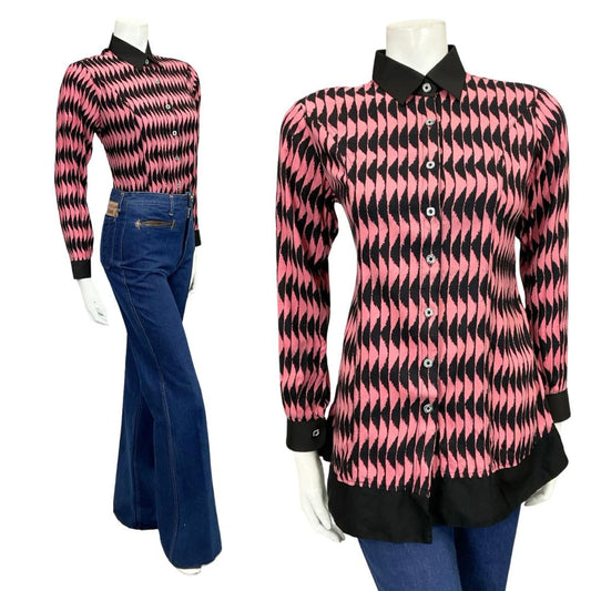 60s 70s pink and black wavy op art geometric mod shirt shrinking violets vintage.