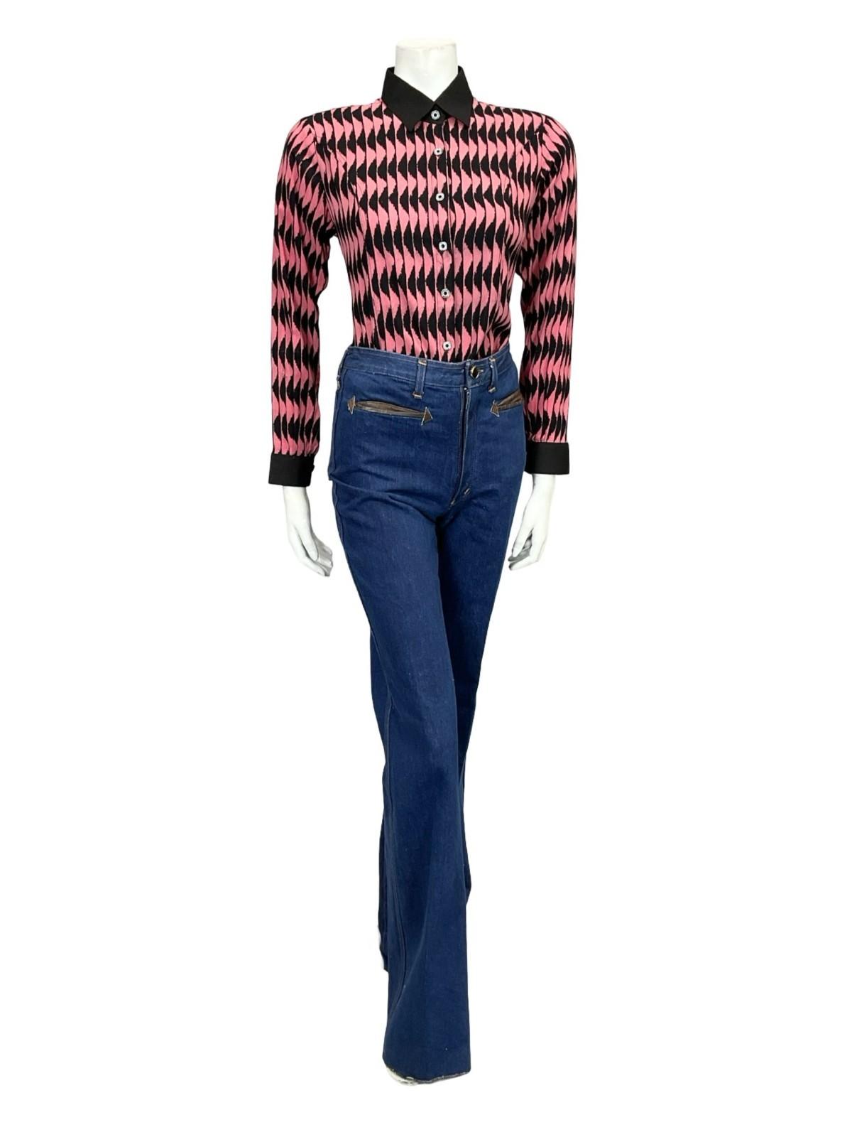 VTG 60S 70S BLACK PINK MOD GEOMETRIC WAVY OP ART COLOUR BLOCK SHIRT 14