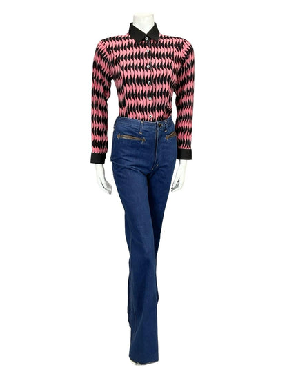 VTG 60S 70S BLACK PINK MOD GEOMETRIC WAVY OP ART COLOUR BLOCK SHIRT 14