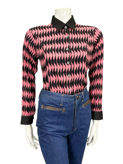 VTG 60S 70S BLACK PINK MOD GEOMETRIC WAVY OP ART COLOUR BLOCK SHIRT 14