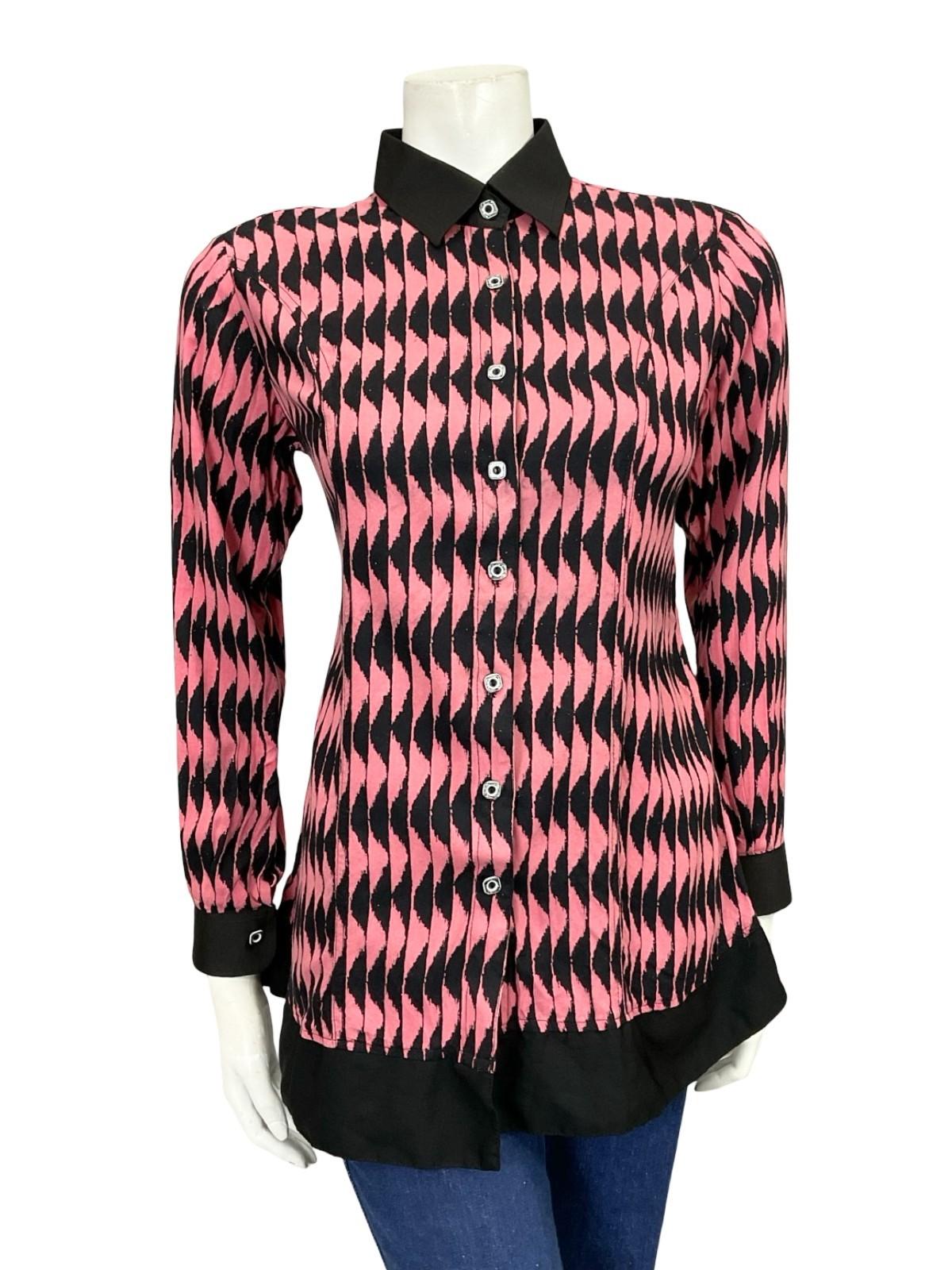 VTG 60S 70S BLACK PINK MOD GEOMETRIC WAVY OP ART COLOUR BLOCK SHIRT 14