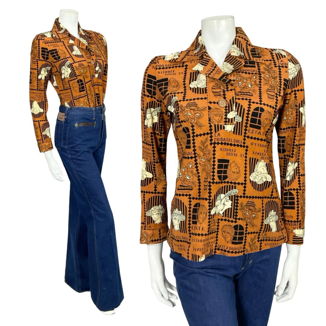 VTG 60S 70S BROWN BLACK CREAM ART DECO FLORAL WOMAN GEOMETRIC SHIRT 10