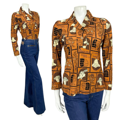 VTG 60S 70S BROWN BLACK CREAM ART DECO FLORAL WOMAN GEOMETRIC SHIRT 10