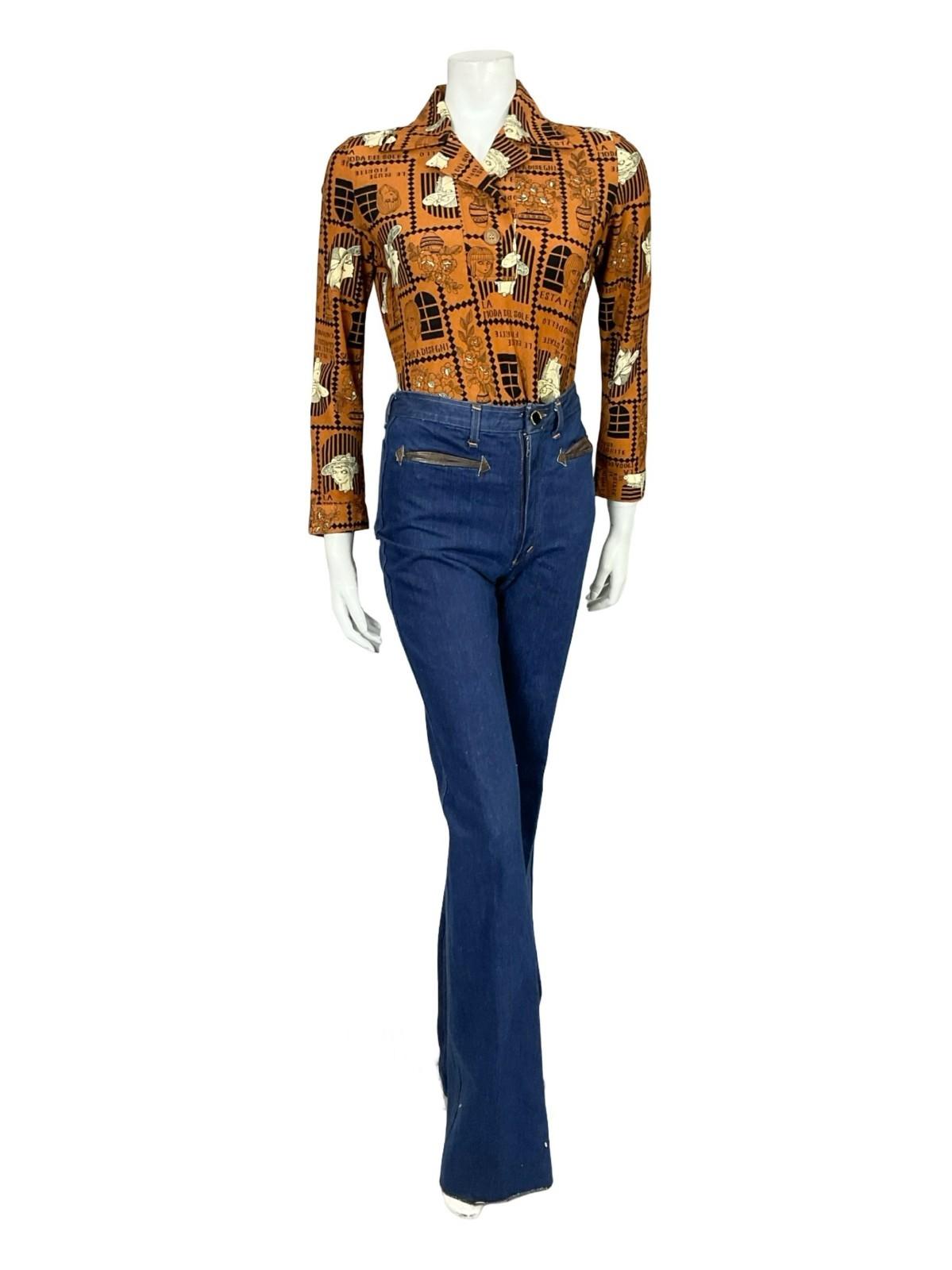 VTG 60S 70S BROWN BLACK CREAM ART DECO FLORAL WOMAN GEOMETRIC SHIRT 10