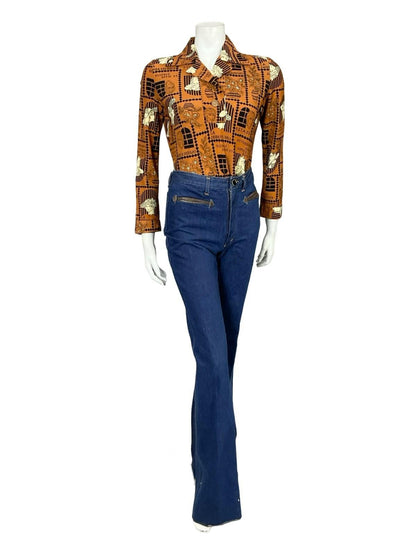 VTG 60S 70S BROWN BLACK CREAM ART DECO FLORAL WOMAN GEOMETRIC SHIRT 10