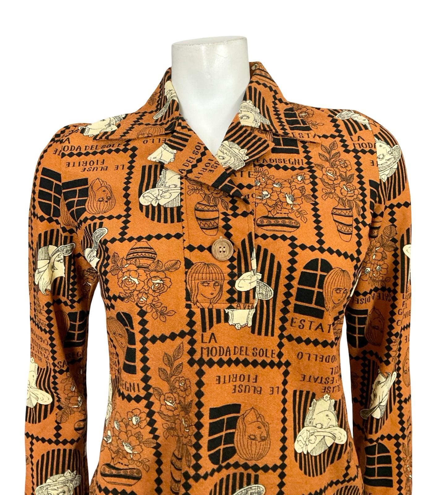 VTG 60S 70S BROWN BLACK CREAM ART DECO FLORAL WOMAN GEOMETRIC SHIRT 10