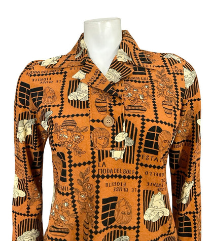 VTG 60S 70S BROWN BLACK CREAM ART DECO FLORAL WOMAN GEOMETRIC SHIRT 10