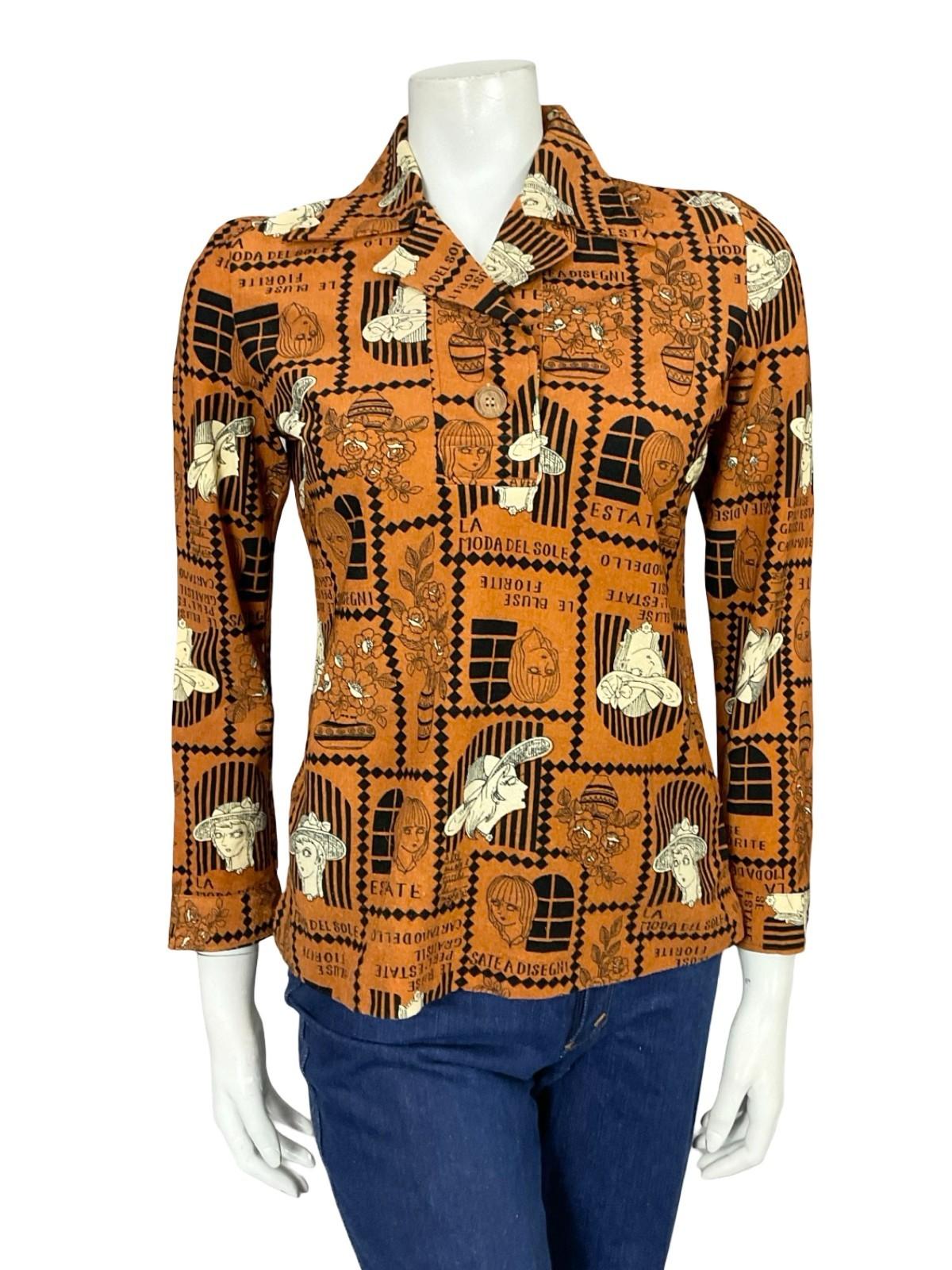 VTG 60S 70S BROWN BLACK CREAM ART DECO FLORAL WOMAN GEOMETRIC SHIRT 10
