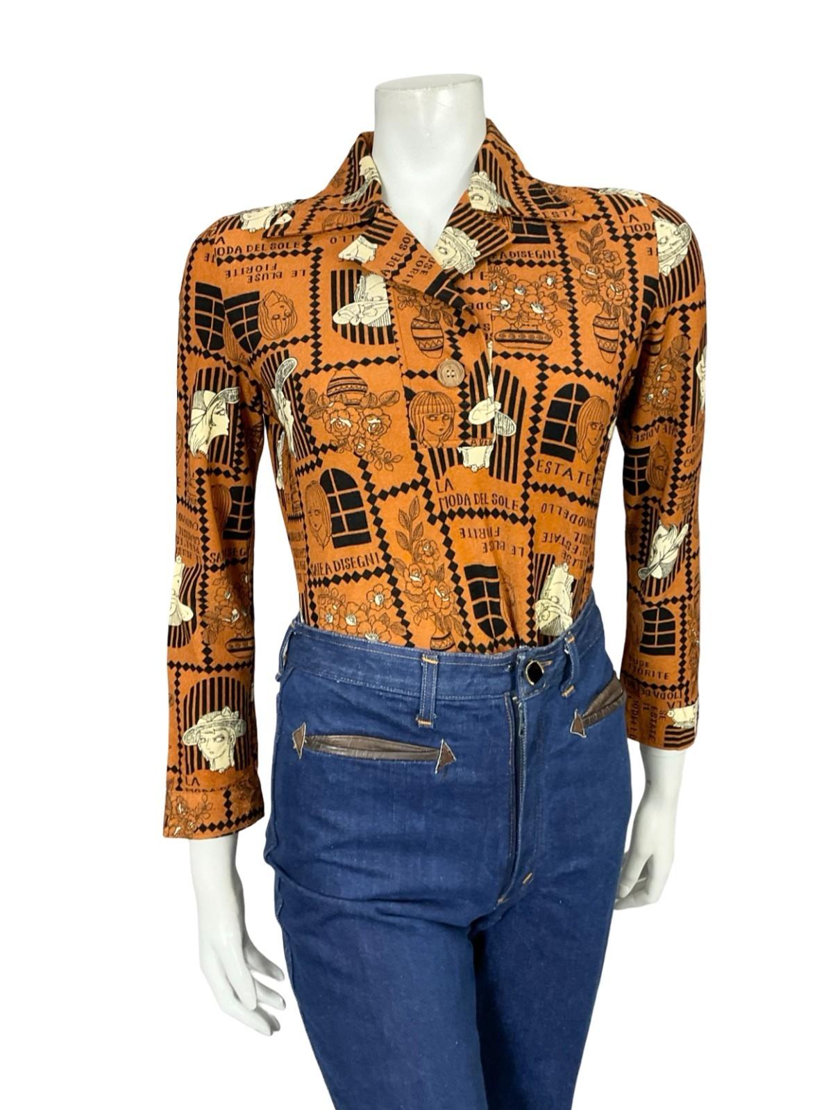 VTG 60S 70S BROWN BLACK CREAM ART DECO FLORAL WOMAN GEOMETRIC SHIRT 10