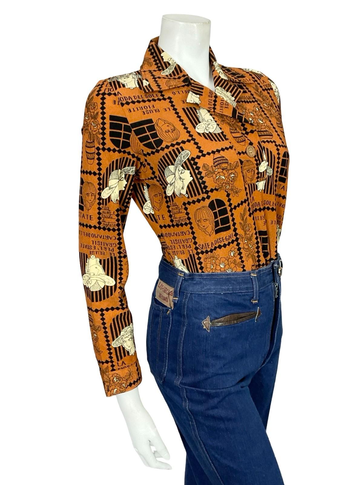 VTG 60S 70S BROWN BLACK CREAM ART DECO FLORAL WOMAN GEOMETRIC SHIRT 10