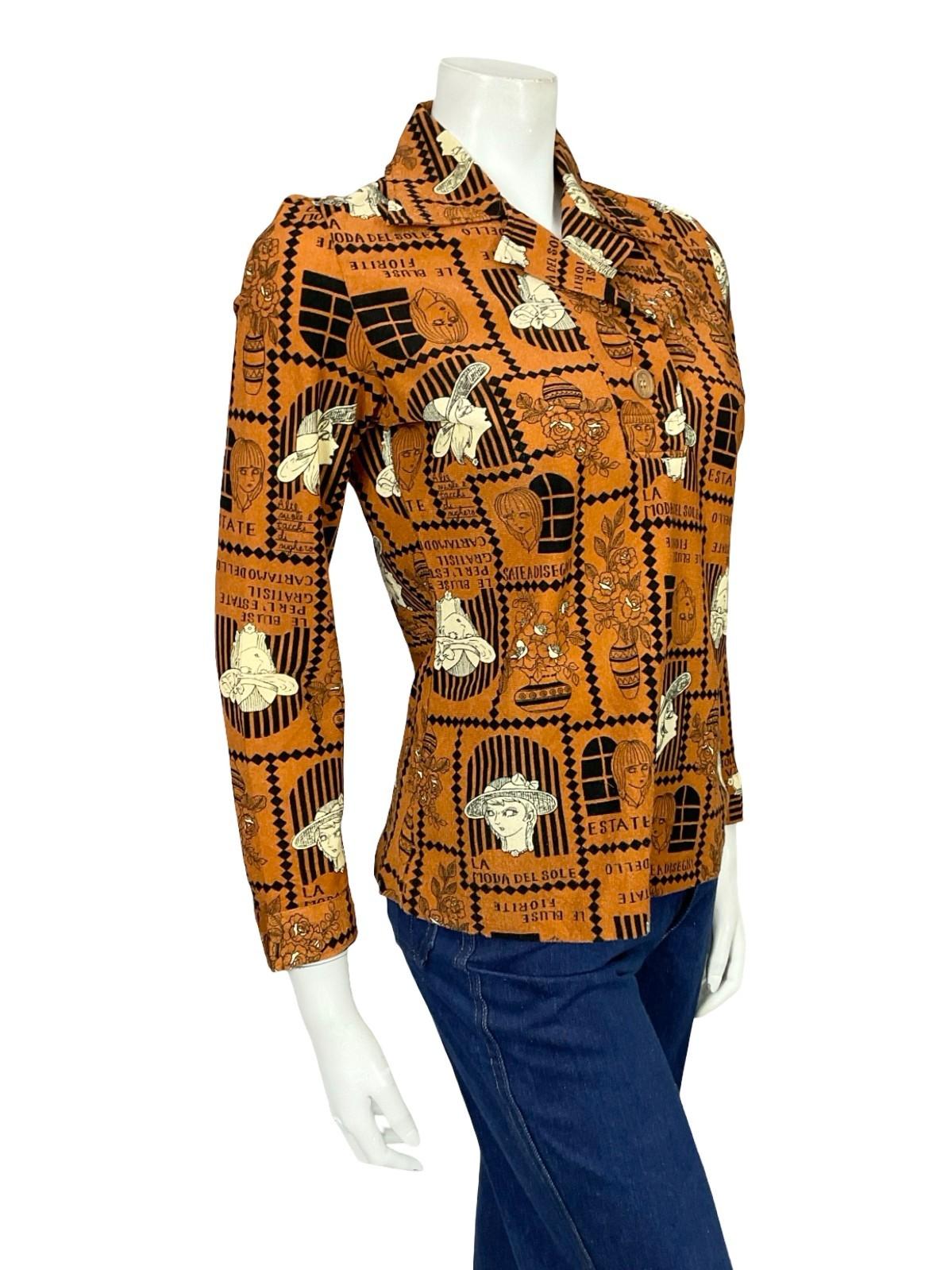 VTG 60S 70S BROWN BLACK CREAM ART DECO FLORAL WOMAN GEOMETRIC SHIRT 10