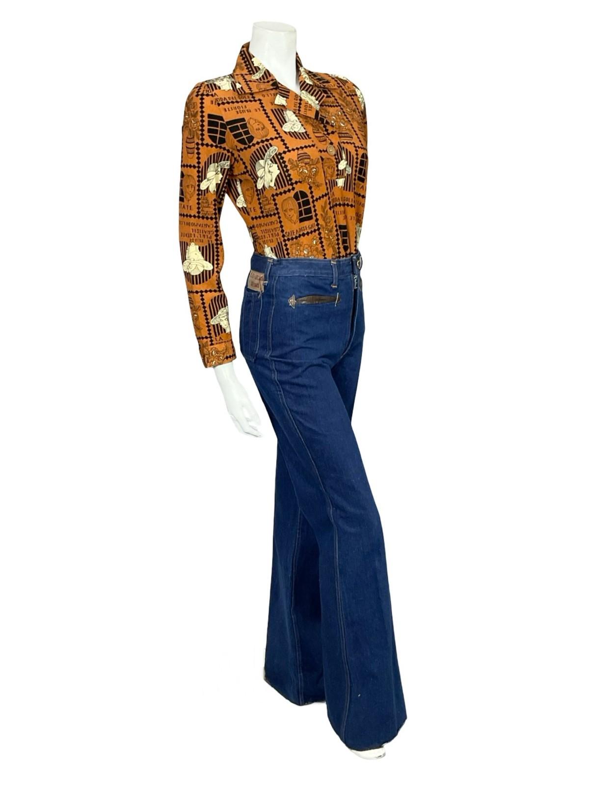 VTG 60S 70S BROWN BLACK CREAM ART DECO FLORAL WOMAN GEOMETRIC SHIRT 10