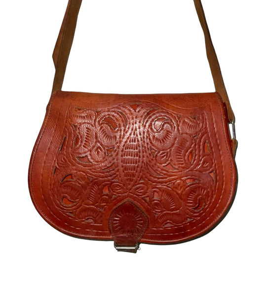 60s 70s reddish brown leather psychedelic die-cut boho shoulder bag shrinking violets vintage. 