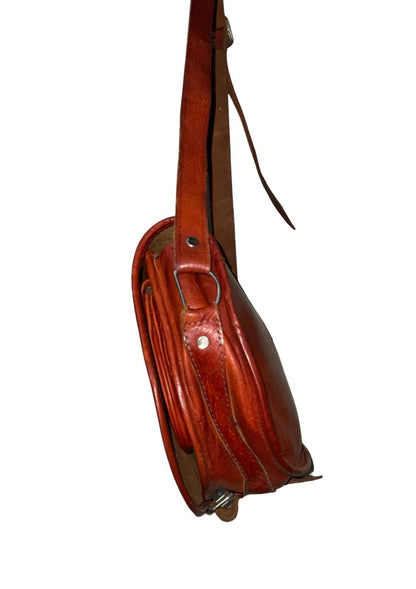 VTG 60S 70S RUSTY BROWN LEATHER PSYCHEDELIC SWIRL CUT OUT SHOULDER BAG