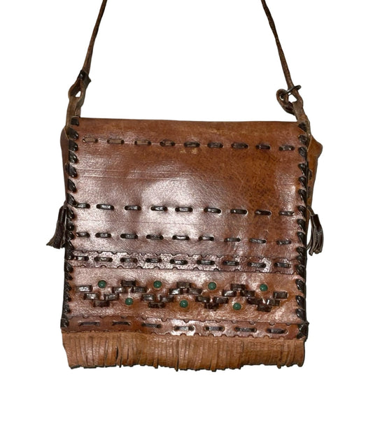 Vintage 60s 70s tan brown leather woven fringe square shoulder bag shrinking violets vintage 