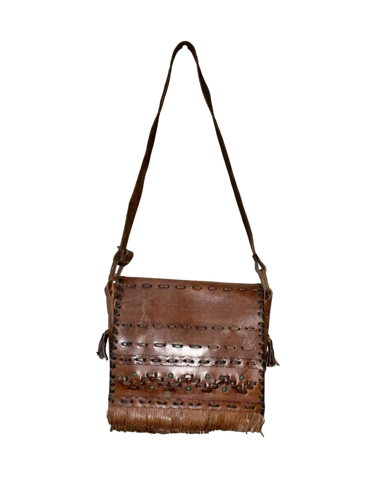 VTG 60S 70S BROWN LEATHER GREEN BEADED FRINGE STITCHED BOHO HIPPY SHOULDER BAG