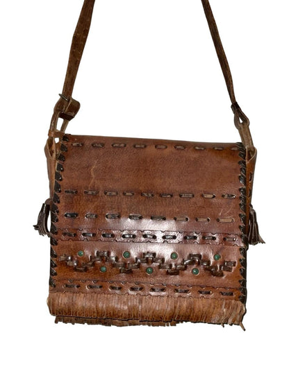 VTG 60S 70S BROWN LEATHER GREEN BEADED FRINGE STITCHED BOHO HIPPY SHOULDER BAG