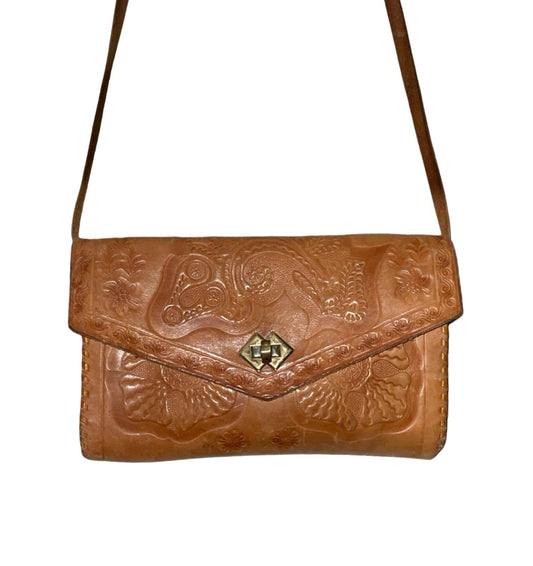 Shrinking Violets vintage psychedelic floral embossed tan leather bag