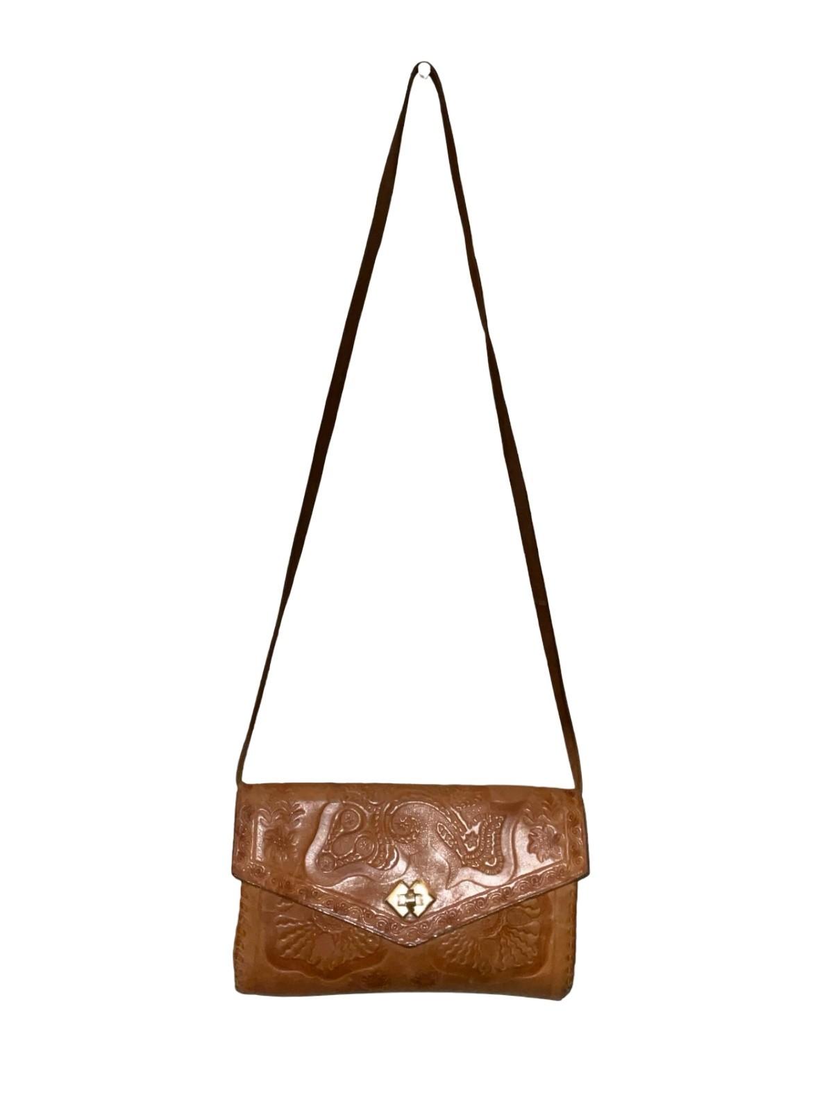 VTG 60S 70S TAN BROWN PSYCHEDELIC FLORAL EMBOSSED BAGUETTE SHOULDER BAG