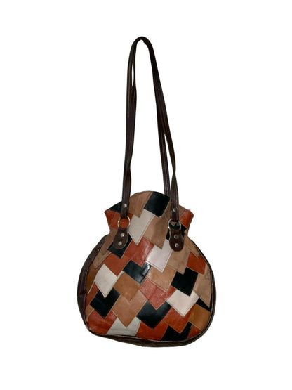 VTG 60S 70S GREY BROWN BLACK LEATHER PATCHWORK SCALES BOHO HIPPY SHOULDER BAG