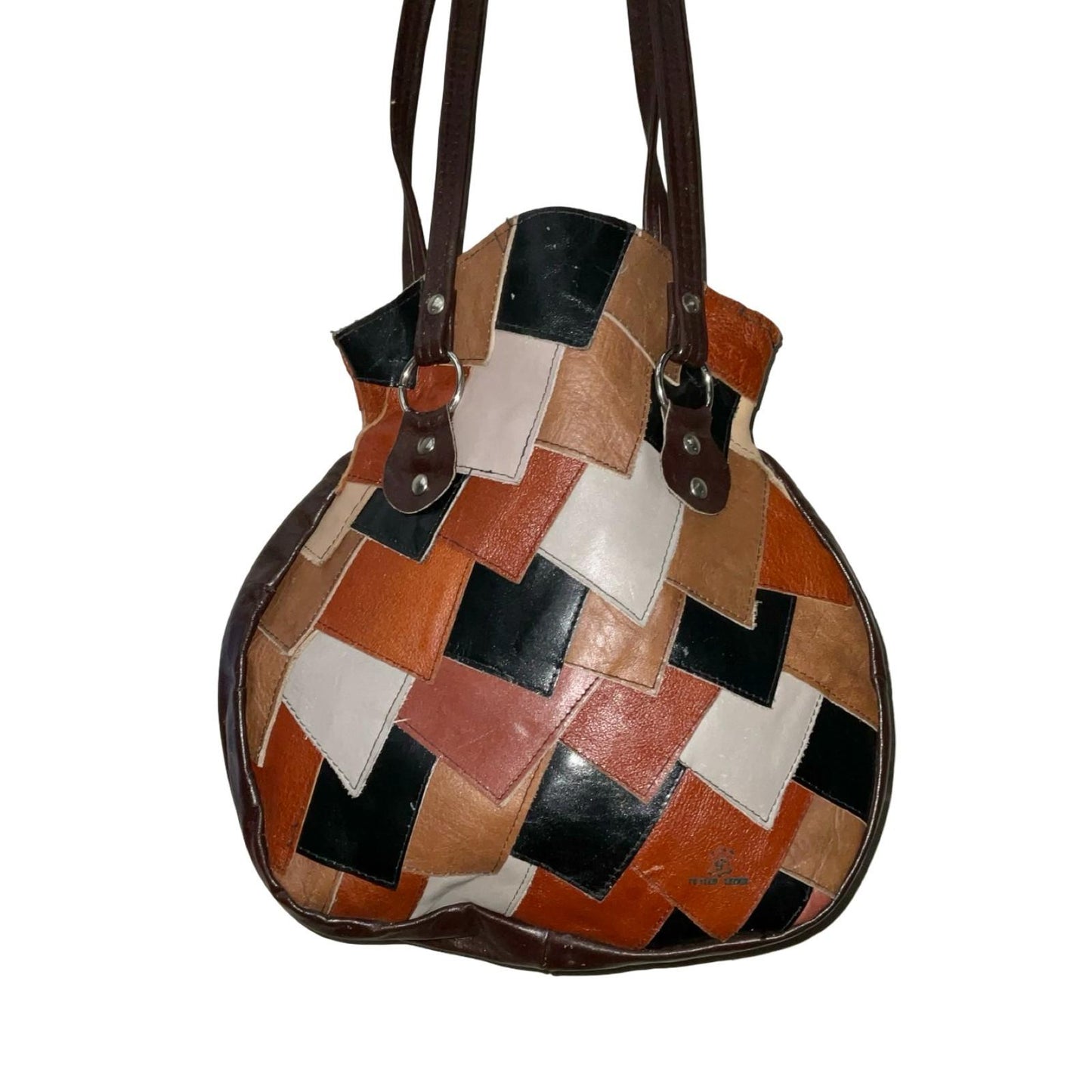 VTG 60S 70S GREY BROWN BLACK LEATHER PATCHWORK SCALES BOHO HIPPY SHOULDER BAG