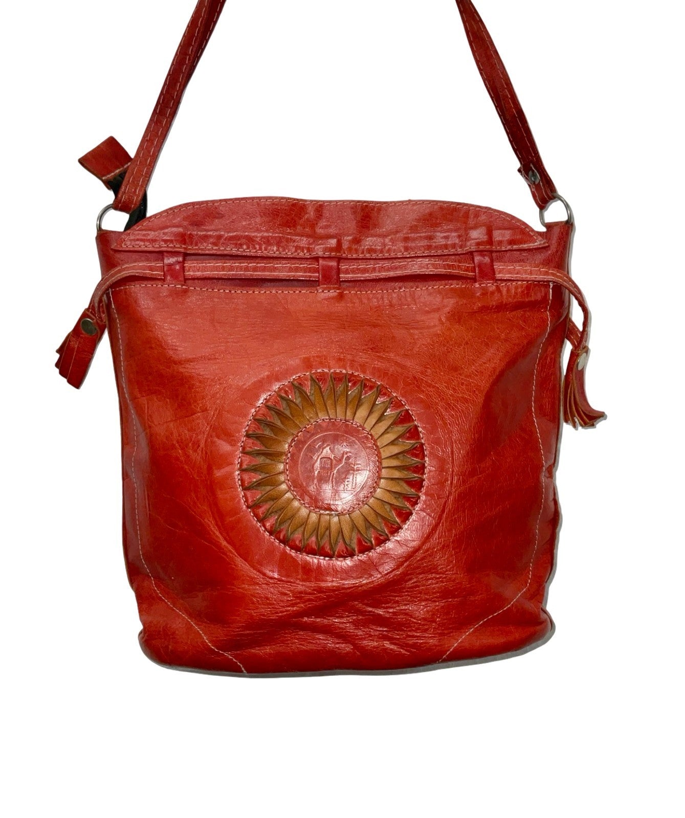 Vintage 60s 70s red and tan leather Moroccan sun and camel themed shoulder bag