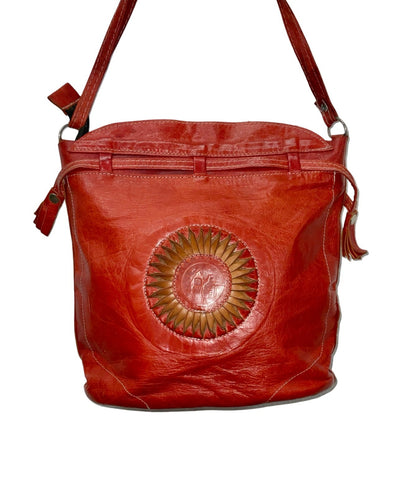 Vintage 60s 70s red and tan leather Moroccan sun and camel themed shoulder bag
